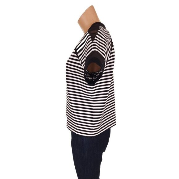 Lafayette 148 Short Sleeve Striped Zip Front Top Size Small Black White $298US - Picture 3 of 8